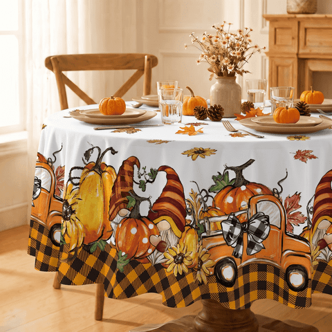 Sm:)e Fall Thanksgiving TableCloth 60 Round, Gnome Truck Pumpkin Buffalo Plaid Table Cover for Party Picnic Dinner Decor