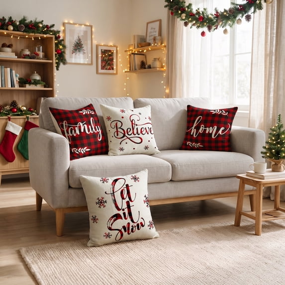 Sm:)e Family Believe Let it Snow Winter Christmas Throw Pillow Cover 16x16 Inch Set of 4