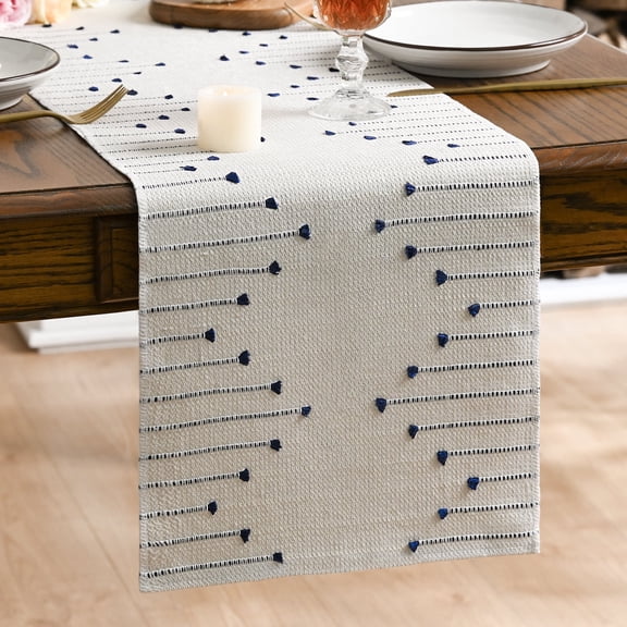 Sm:)e Farmhouse Rustic Dark Blue Woven Table Runner 12x72 Inch, Holiday Macrame Burlap Kitchen Dining Table Decoration for Home Party Decor