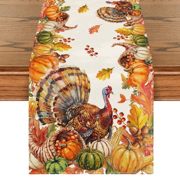 Sm:)e Farmhouse Turkey Maple Leaf Pumpkin Pattern Thanksgiving Table Runner, 13x72 Inch, Fall Harvest Kitchen Dining Table Decor for Indoor Outdoor Home Party Decoration