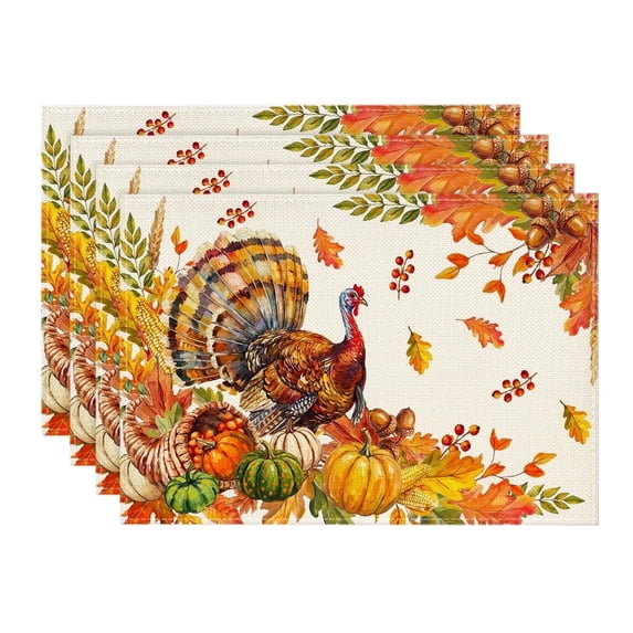 Sm:)e Farmhouse Turkey Maple Leaf Pumpkin Print Thanksgiving Placemats 12x18 Inch Set of 4, Fall Harvest Kitchen Dining Table Decor for Indoor Outdoor Home Party Decoration