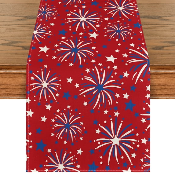 Sm:)e Firework 4th of July Table Runner 13x72 Inch, Durable and Easy Cleaning Perfect for Independence Day Celebration and Family Gathering,Red