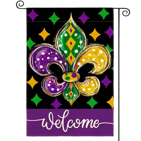 Sm:)e Fleur de Lis Mardi Gras Garden Flag 12x18 Inch Double Sided