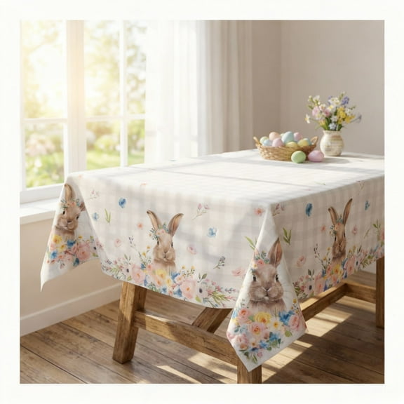 Sm:)e Floral Bunny Spring Easter Tablecloth, 60 x 104 Inch Seasonal Rectangle Washable Table Linen Holiday Table Cover for Home Kitchen Dinner Decor