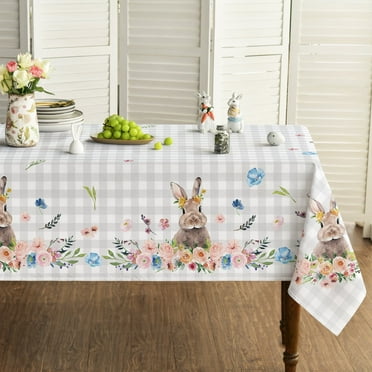 Sm:)e Floral Bunny Spring Easter Tablecloth 60 x 84 Inch, Seasonal Rectangle Washable Table Linen Holiday Table Cover for Home Kitchen Dinner Decor