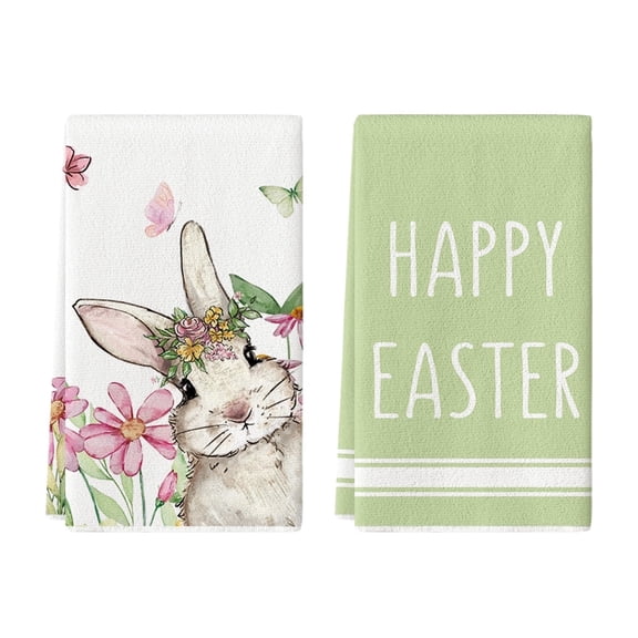 Sm:)e Floral Butterfly Bunny Easter Kitchen Dish Towels 18x26 Inch Set of 2 Green