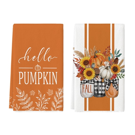 Sm:)e Floral Hello Pumpkin Fall Leaves Orange Thanksgiving Kitchen Dish Towels 18x26 Inch Set of 2
