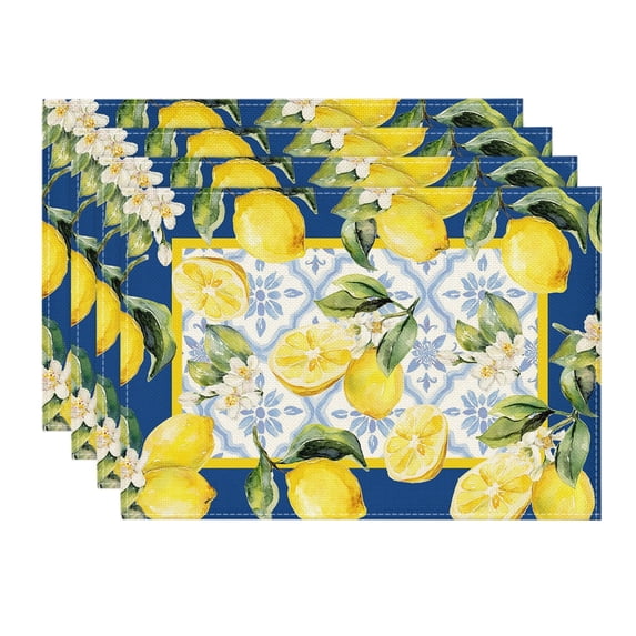 Sm:)e Floral Lemon Summer Placemats Set of 4, Blue Tiles Summer Holiday Tasty Fruit Healthy Fruit Watercolor Rustic Botanic Table Cover,12 x 18 Inch
