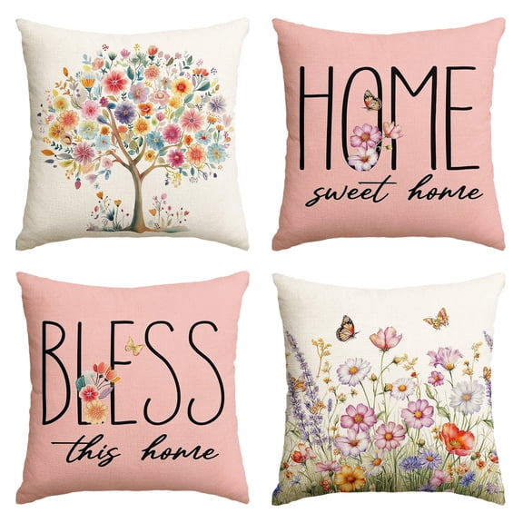 Sm:)e Floral Spring Pillow Cover Set of 4 - 18x18 Inch Polyester Decorative Cushions, Pink