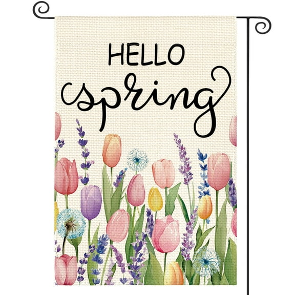 Sm:)e Floral Tulip Lavender Hello Spring Garden Flag Double Sided 12 x 18 Inch Yard Outdoor Decoration