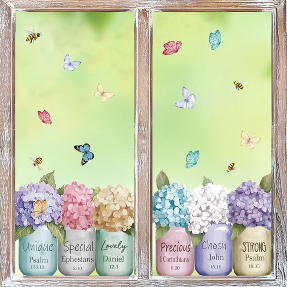 Sm:)e Floral Vase Butterfly Bee Spring Window Stickers 4 Sheets 40PCS, Glass Home Classroom Office Shop Display Decoration Reusable Party Supplies