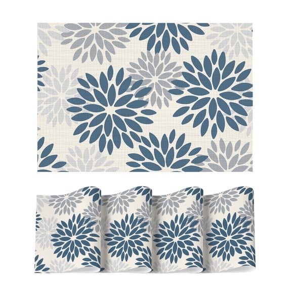 Sm:)e Floral Vinyl Placemats Set of 4, Heat Resistant Non-Slip Place mats for Dining Table, Washable Durable PVC Vinyl Woven Table Mats, Blue Grey