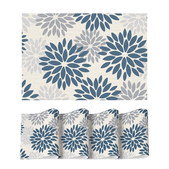 Sm:)e Floral Vinyl Placemats Set of 4, Heat Resistant Non-Slip Place mats for Dining Table, Washable Durable PVC Vinyl Woven Table Mats, Blue Grey