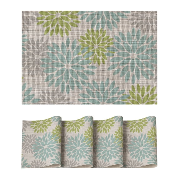 Sm:)e Floral Vinyl Placemats Set of 4, Heat Resistant Non-Slip Place mats for Dining Table, Washable Durable PVC Vinyl Woven Table Mats, Sage