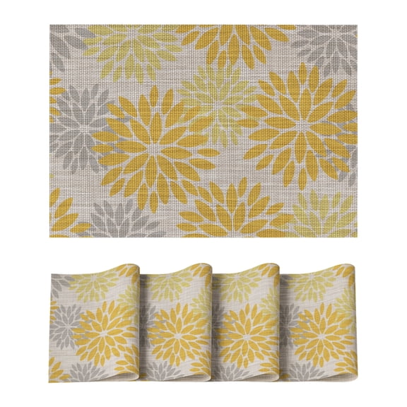 Sm:)e Floral Vinyl Placemats Set of 4, Heat Resistant Non-Slip Place mats for Dining Table, Washable Durable PVC Vinyl Woven Table Mats, Yellow