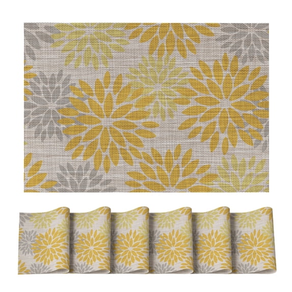Sm:)e Floral Vinyl Placemats Set of 6, Heat Resistant Non-Slip Place mats for Dining Table, Washable Durable PVC Vinyl Woven Table Mats, Yellow