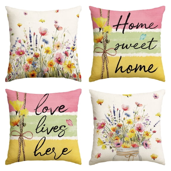 Sm:)e Flower Sweet Home Spring Pillow Cover Set of 4 - 18x18 Inch Polyester Decorative Cushions