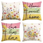 Sme Flower Sweet Home Spring Pillow Cover Set of 4 - 18x18 Inch Polyester Decorative Cushions