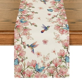 Sm:)e Flowers Bird Butterfly Spring Table Runner, Seasonal Kitchen Dining Table Decoration for Home Party Decor 13x72 Inch