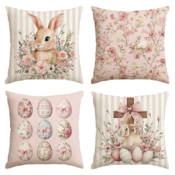 Sm:)e Flowers Eggs Bunny Easter Pillow Cover Set of 4 - 18x18 Inch Polyester Decorative Cushions