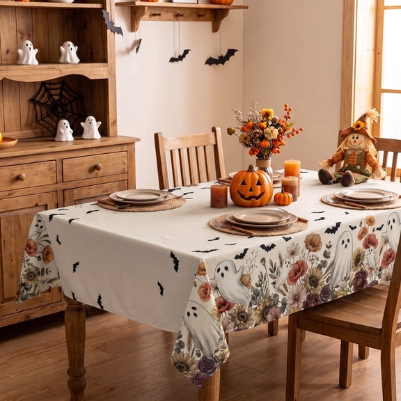 Sm:)e Ghost Bat Pumpkin Flowers Halloween Tablecloth 60x84 Inch, Wrinkle-Resistant & Machine Washable Table Cover for Dining Decor, Rectangle