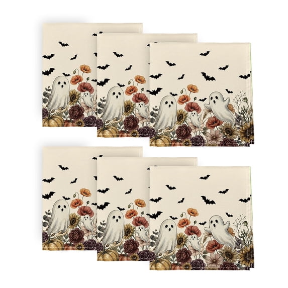 Sm:)e Ghost Bat Pumpkin Halloween Cloth Napkins Set of 6 Reusable Napkins, Washable Table Napkin for Holiday Party 18"x18"