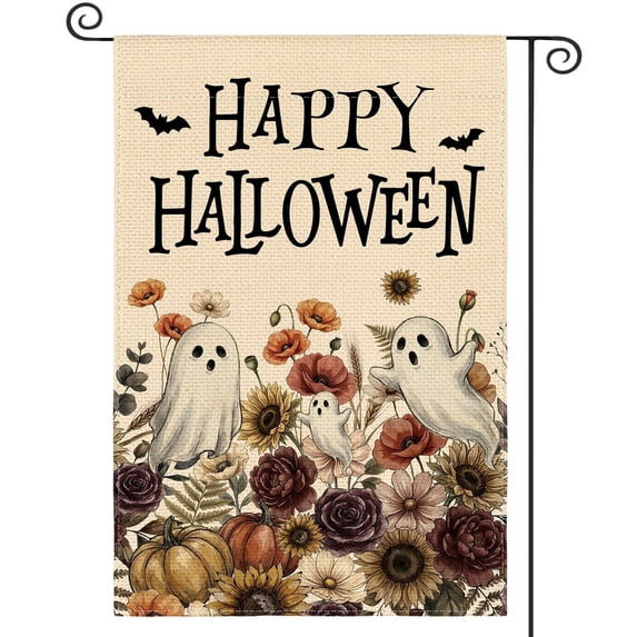 Sm:)e Ghost Bat Pumpkin Happy Halloween Garden Flag 12 x 18 Inch, Double-Sided Printing, Outdoor Welcome Decor for Yards