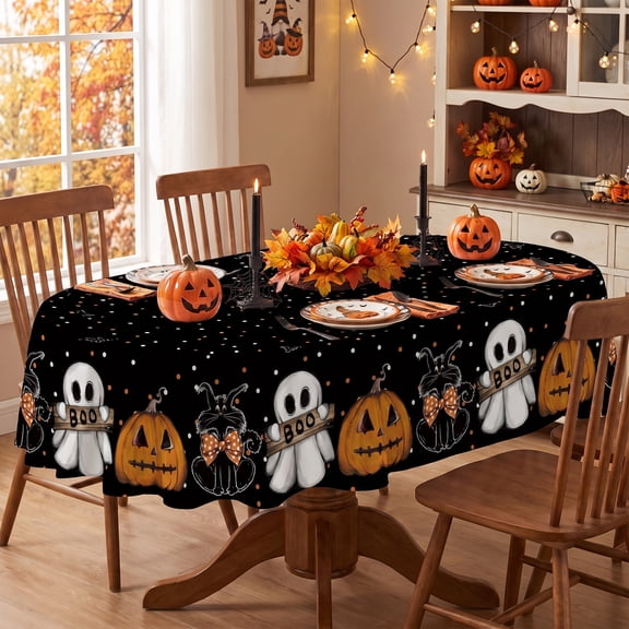 Sm:)e Ghost Cat Jack-O-Lantern Pumpkin Black Halloween Tablecloth 60 x 84 Inch, Oval
