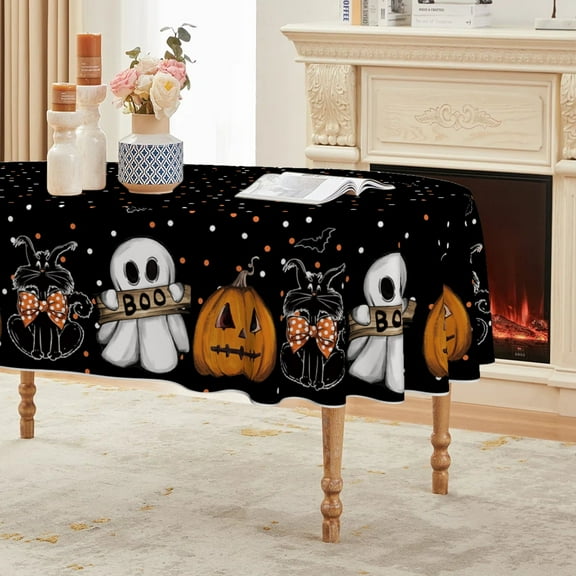 Sm:)e Ghost Cat Jack-O-Lantern Pumpkin Black Halloween Tablecloth 60 x 84 Inch, Oval
