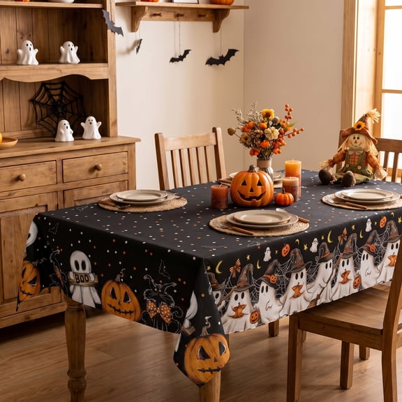 Sm:)e Ghost Cat Pumpkin Black Halloween Tablecloth 60 x 104 Inch