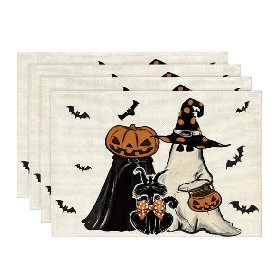 Sm:)e Ghost Jack-O'-Lantern Black Cat Halloween Placemats Set of 4, Holiday Kitchen Dining Table Decoration for Home Party Decor