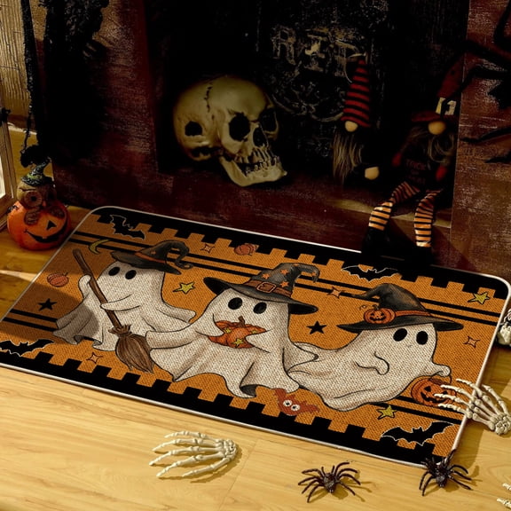 Sm:)e Ghost Pumpkin Bat Halloween Doormat 17x29 Inch, Non Slip Linen Door Mat Inside Washable Entryway Carpet Rug for Porch Patio Hallway