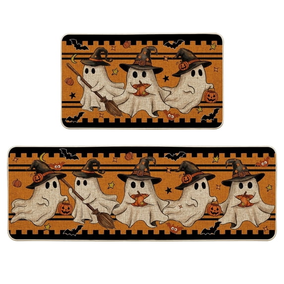 Sm:)e Ghost Pumpkin Bat Halloween Kitchen Rugs and Mats, 17x29Inch and 17x47 Inch, Non Slip Mat for Porch Patio Hallway