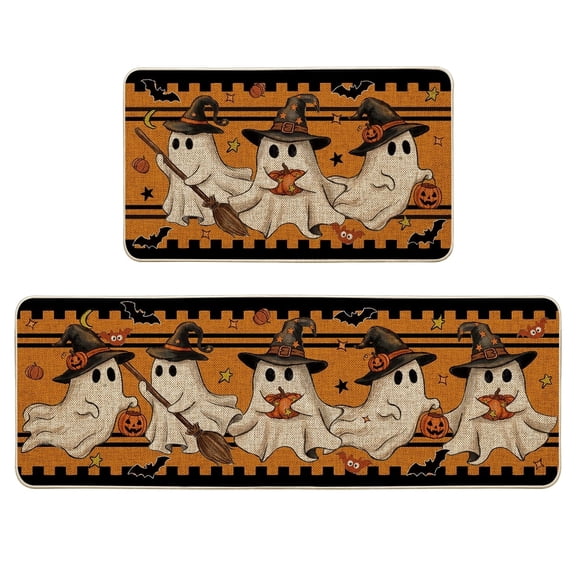 Sm:)e Ghost Pumpkin Bat Halloween Kitchen Rugs and Mats, 17x29Inch and 17x47 Inch, Non Slip Mat for Porch Patio Hallway