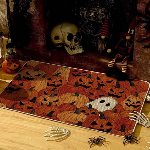 Sm:)e Ghost Pumpkin Halloween Doormat 17x29 Inch, Non Slip Linen Door Mat Inside Washable Entryway Carpet Rug for Porch Patio Hallway