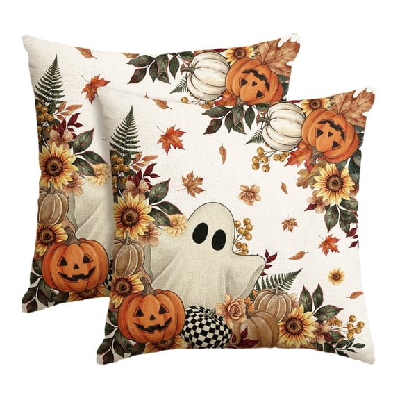 Sm:)e Ghost Pumpkin Maple Leaf Halloween Pillow Covers 18x18 Inch Set of 2, Cushion Covers for Sofa Home Decor