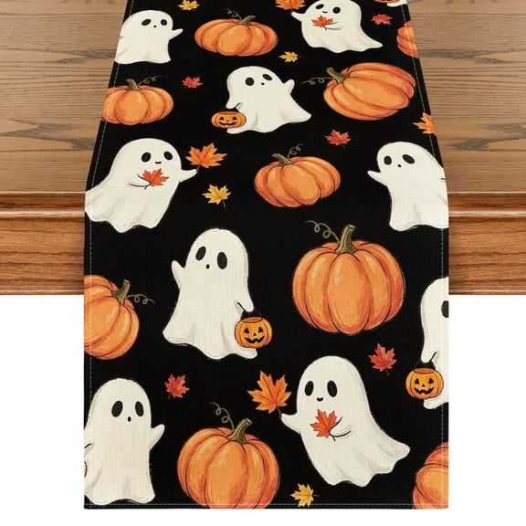 Sm:)e Ghost Pumpkins Maple Leaves Halloween Table Runner 13x72 Inch, Halloween Fall Party Kitchen Dining Indoor Outdoor Decorations