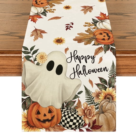 Sm:)e Ghost Pumpkins Maple Leaves Halloween Table Runner, Seasonal Fall Kitchen Dining Table Decoration for Home Party Decor 13x72 Inch