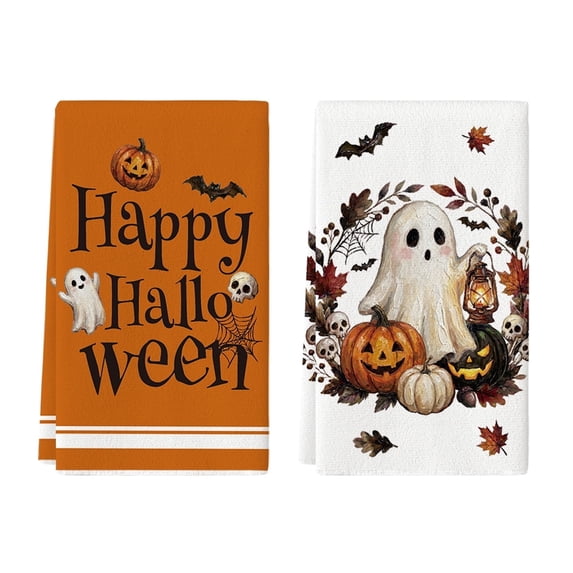 Sm:)e Ghost and Pumpkin Bat Halloween Kitchen Towels Dish Towels Set of 2, 18x26 Inch,Seasonal Holiday Hand Towels for Kitchen and Dining Table