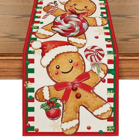 Sm:)e Gingerbread Candy Cane Christmas Table Runner, Seasonal Winter Kitchen Dining Table Decoration for Home Party Decor 13x48 Inch
