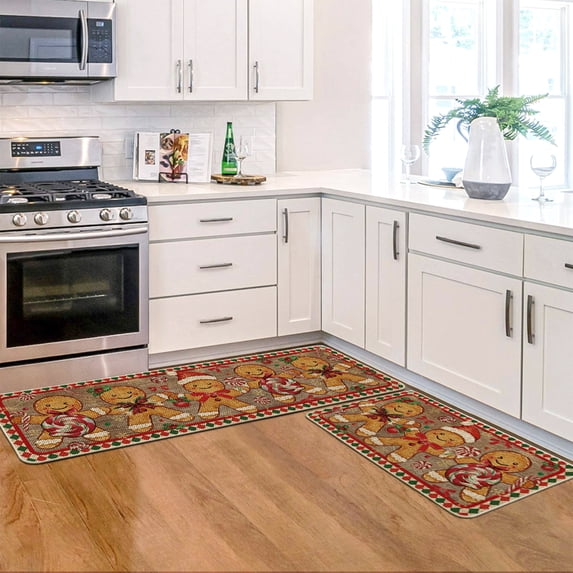 Sm:)e Gingerbread Man Christmas Kitchen Rugs and Mats, 17x29Inch and 17x47 Inch, Non Slip Linen Mat Inside Washable for Porch Patio Hallway