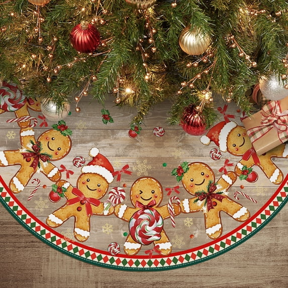 Sm:)e Gingerbread Man Christmas Tree Skirt 36 Inch, Rustic Farmhouse Soft Plush Round Snow Trees Mat Base Cover for Holiday Home Decorations