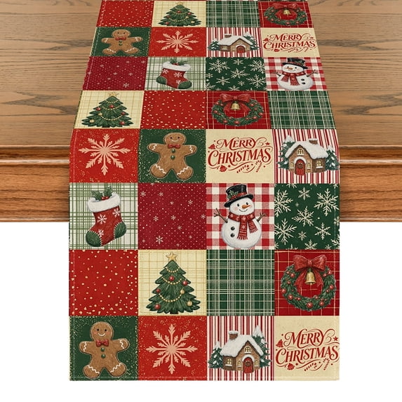 Sm:)e Gingerbread Man Snowman Print Christmas Patchwork Table Runner, 13 x 72 Inch Farmhouse Table Decor, Universal for Indoor Outdoor Kitchen, Home & Party Decoration