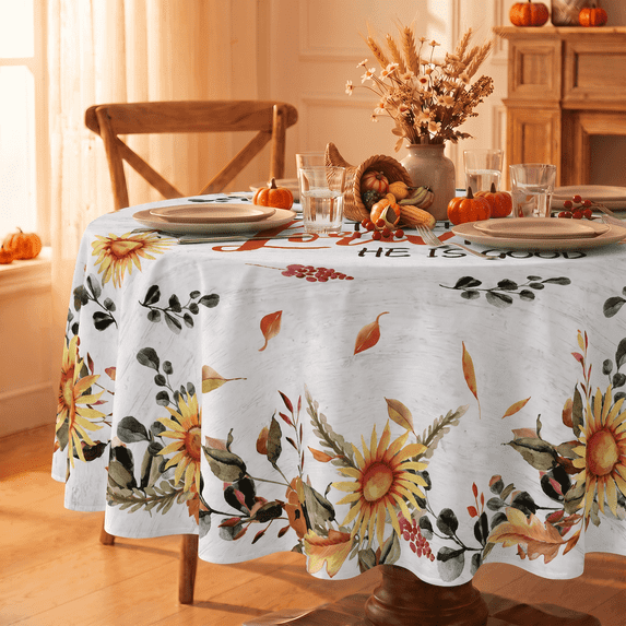 Sm:)e Give Thanks to The Load for He is Good Thanksgiving Tablecloth 70 Inch, Wrinkle-Resistant & Machine Washable Table Cover for Dining Decor, Round