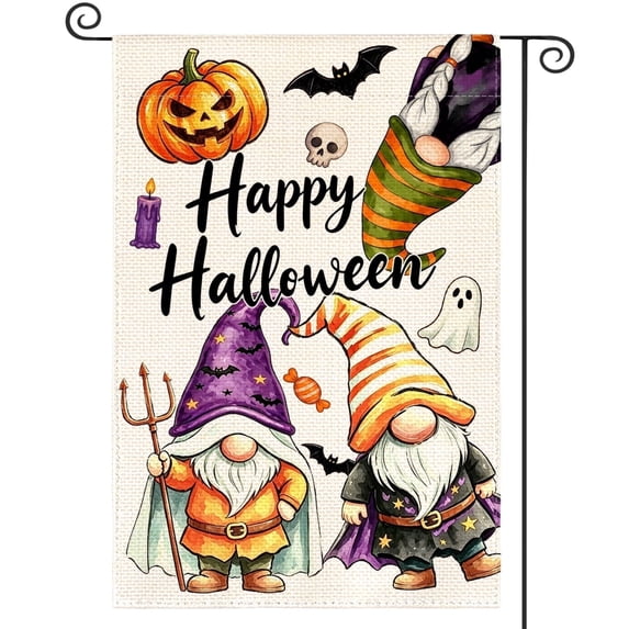 Sm:)e Gnome Ghost Pumpkin Bat Happy Halloween Garden Flag 12 x 18 Inch, Double-Sided Printing, Outdoor Welcome Decor for Yards