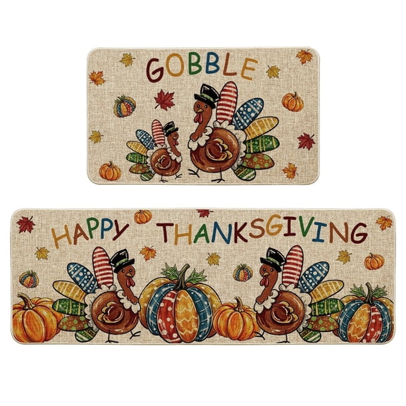Sm:)e Gobble Turkey Pumpkin Thanksgiving Kitchen Rugs and Mats, 17x29Inch and 17x47 Inch, Non Slip Linen Mat Inside Washable for Porch Patio Hallway