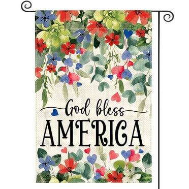 Sm:)e God Bless America Floral Fourth of July Garden Flag 12x18 Inch Yard Outdoor Banner Decoration