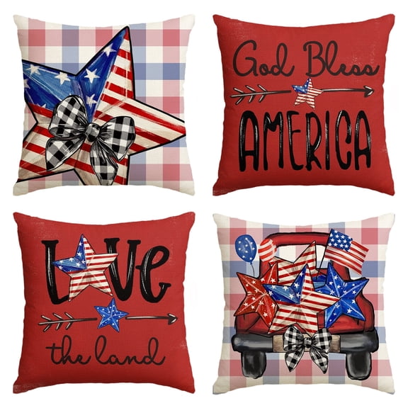 Sm:)e God Bless America Truck 4th of July Throw Pillow Cover 18x18 Inch Set of 4, Polyester Patriotic Outdoor Pillow Case for Sofa Couch