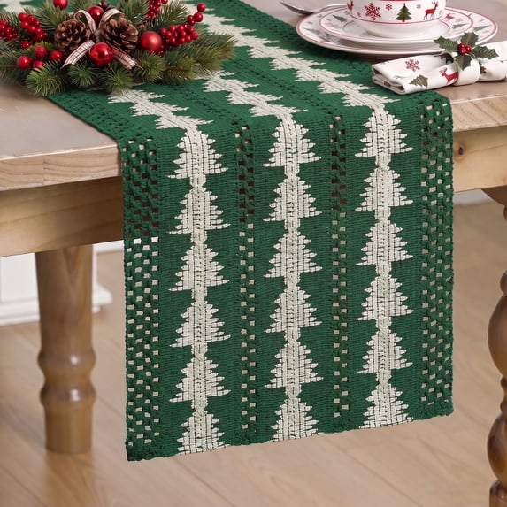 Sm:)e Green Base With Beige Christmas Tree Pattern,Woven Christmas Table Runner,12x60 Inch Rustic Christmas Style, Decorations for Kitchen & Dining Tables, Home Parties