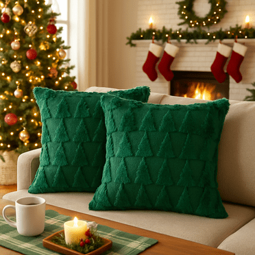 Sm:)e Green Christmas Tree Soft Plush Faux Fur Pillow Covers 18x18 Inch Set of 2 Outdoor Sofa Holiday Festivals Winter Home Decor